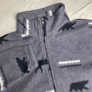 Vintage Wildlife Fleece Jacket Grey Bear Moose Print Full Zip Mens L USA Made